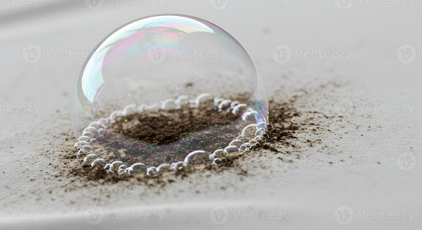 Soap Bubble Resting on Dirty Surface with Rainbow Iridescence Closeup photo