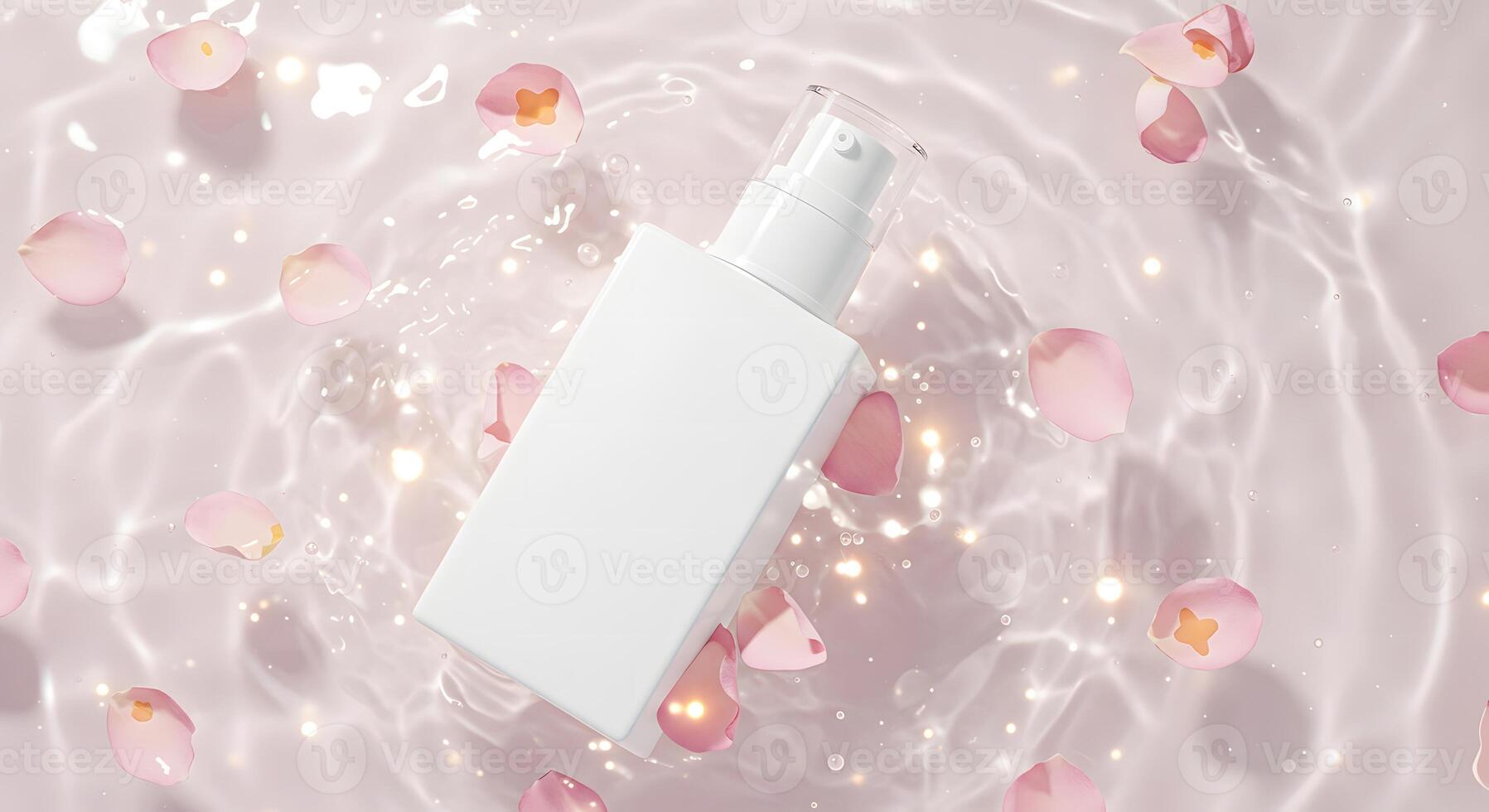 Cosmetic Bottle Floating on Water with Rose Petals in a Minimal Setting photo
