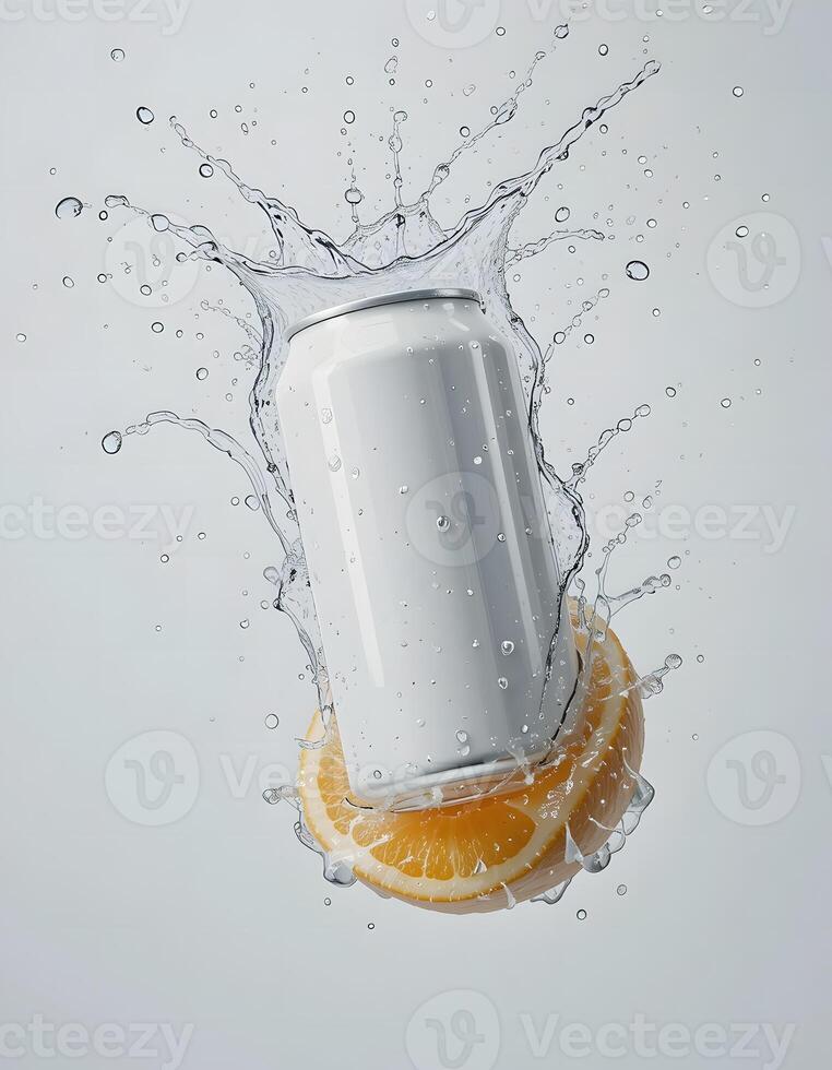 Refreshing Drink Can Splashing with Orange Slice and Water Drops photo