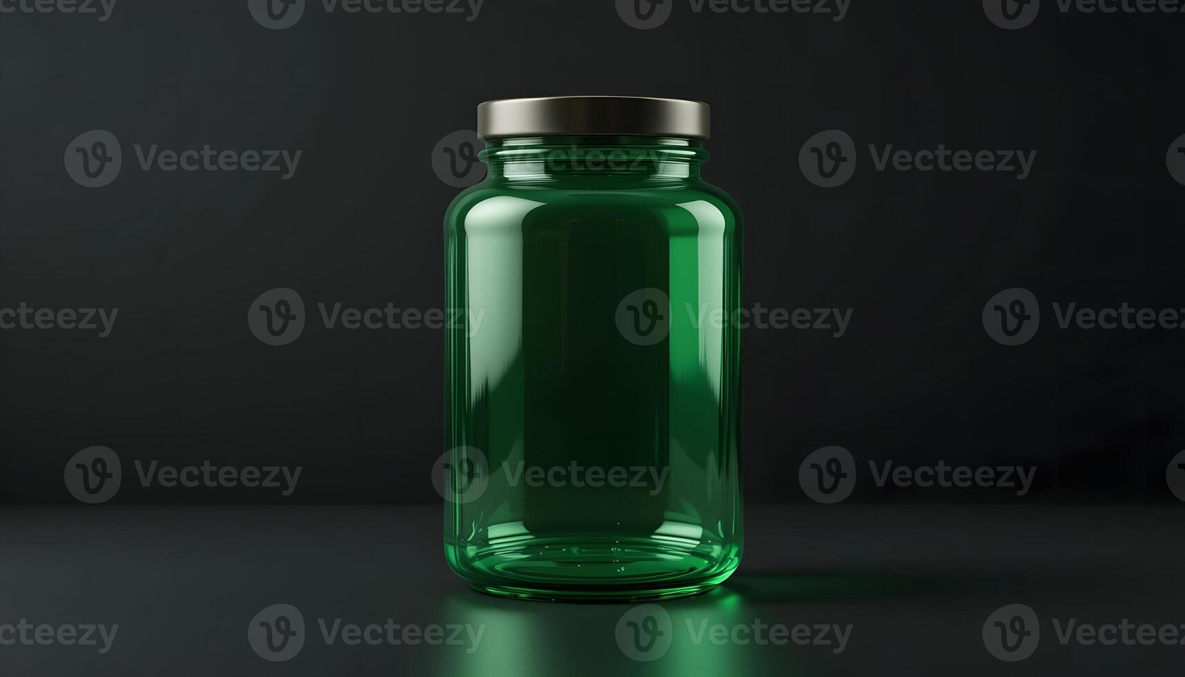 Green Glass Jar with Silver Lid on Dark Background Product Shot photo