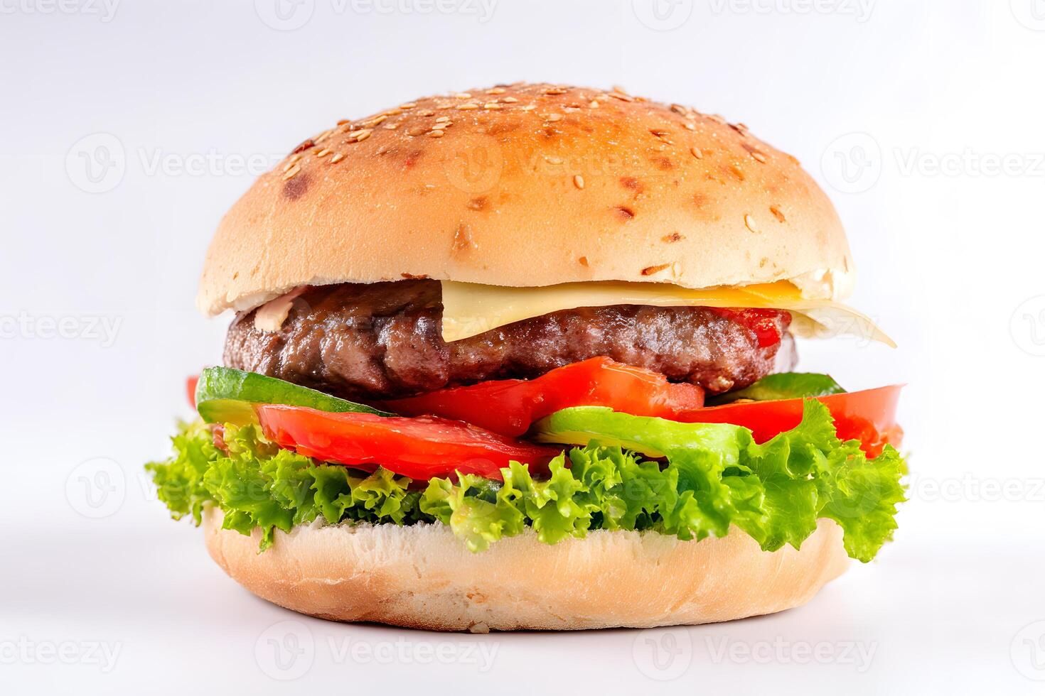 Juicy grilled burger with melted cheese and fresh vegetables isolated on white photo