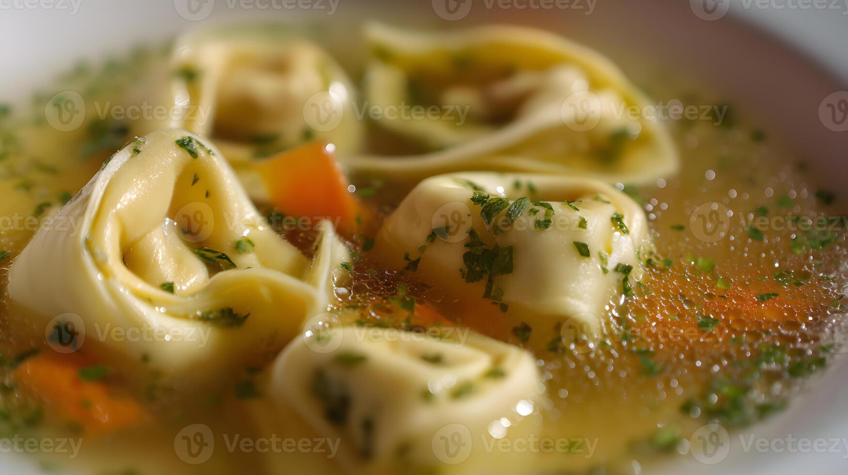Tortellini pasta nestled in steaming clear broth with fresh herbs and carrot slices photo