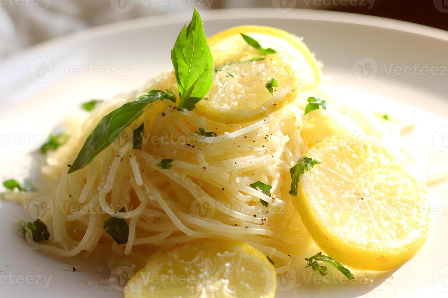 Lightly tossed capellini pasta with fragrant olive oil and vibrant fresh lemon zest photo