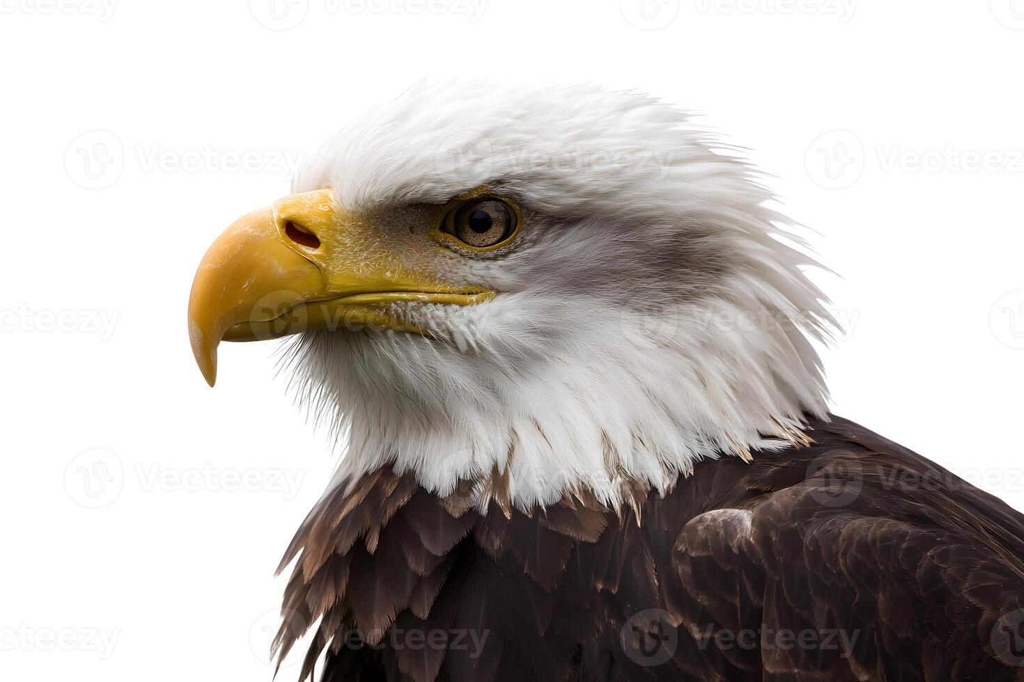 Isolated bald eagle head with piercing eyes and striking white feathers on clean white background photo