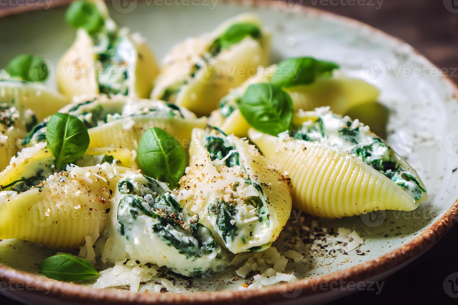 Conchiglie shells filled with creamy ricotta and spinach mixture drizzled with olive oil and fresh basil parsley Italian food photo