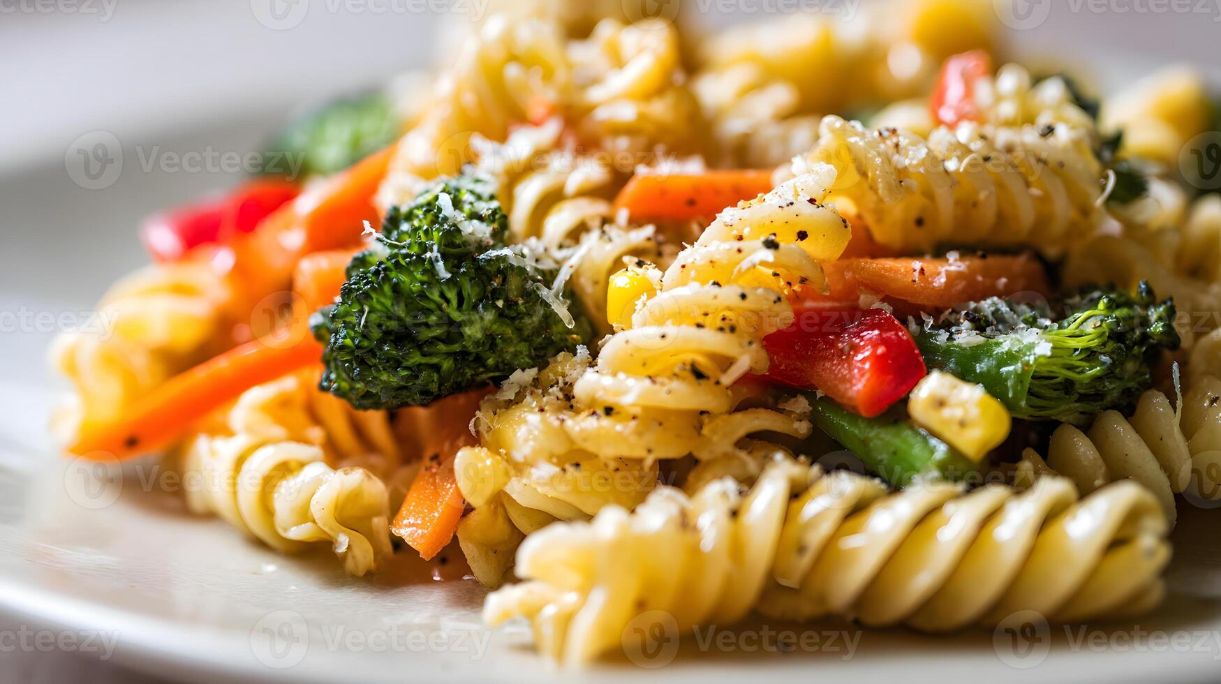 Rotini pasta tossed with sauteed mixed vegetables including carrots broccoli corn and red peppers Italian food photo