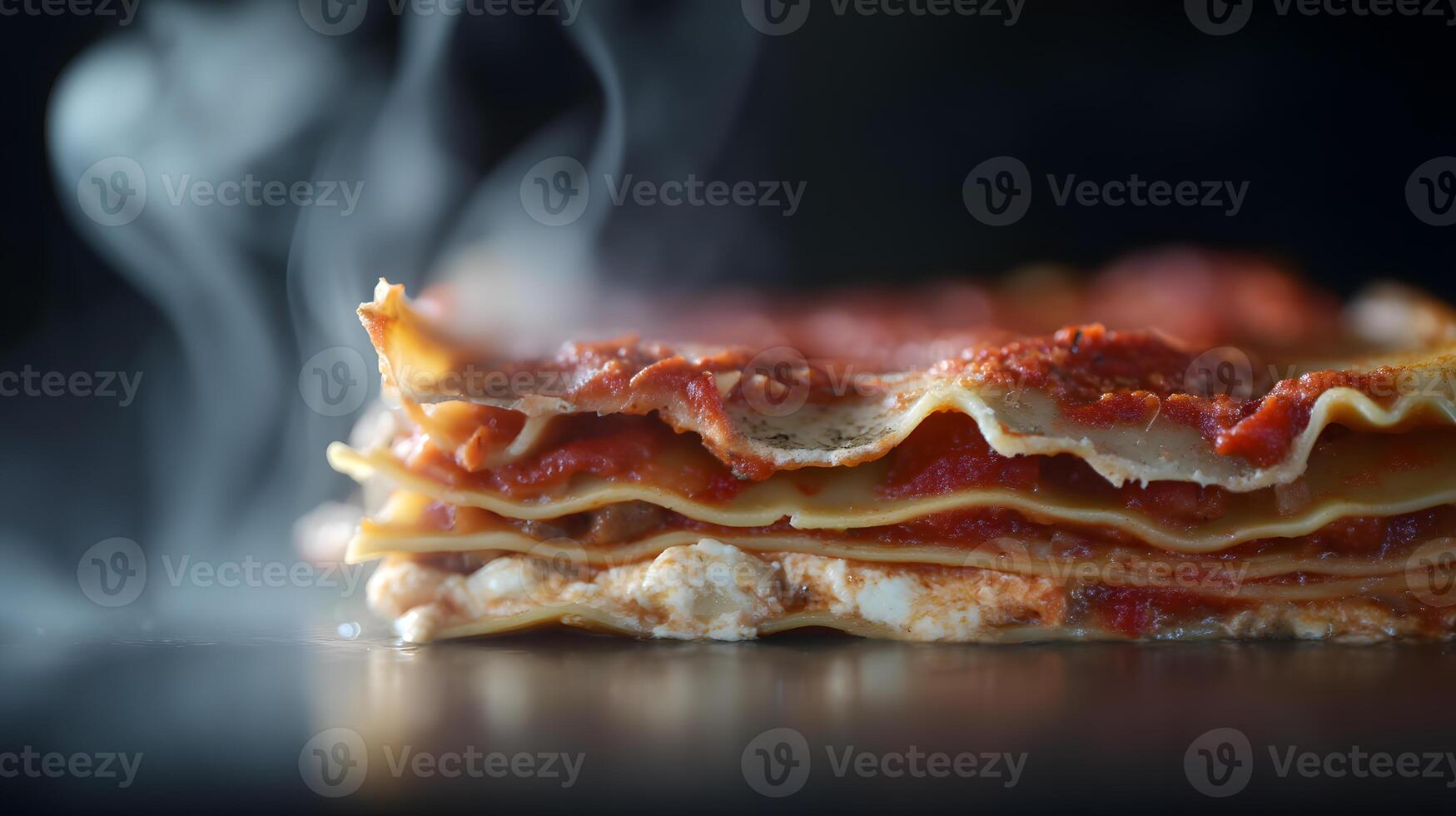 Baked layered lasagna noodles with savory meat sauce creamy bechamel and melted cheese photo