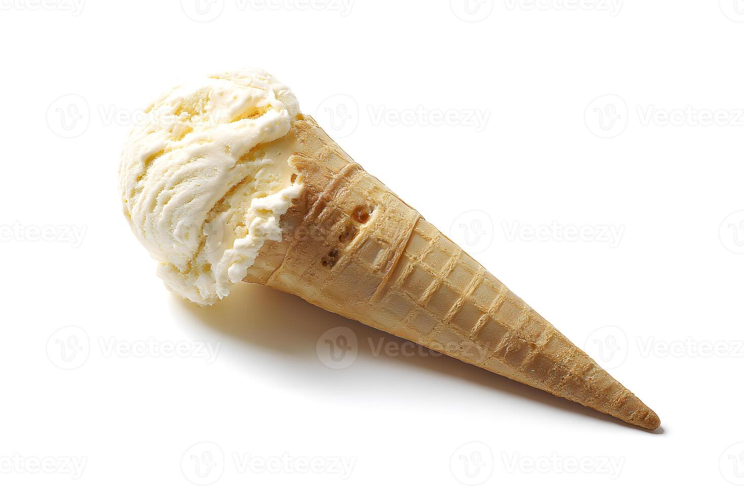 Artfully photographed ice cream cone with vibrant colors isolated on white backdrop. photo