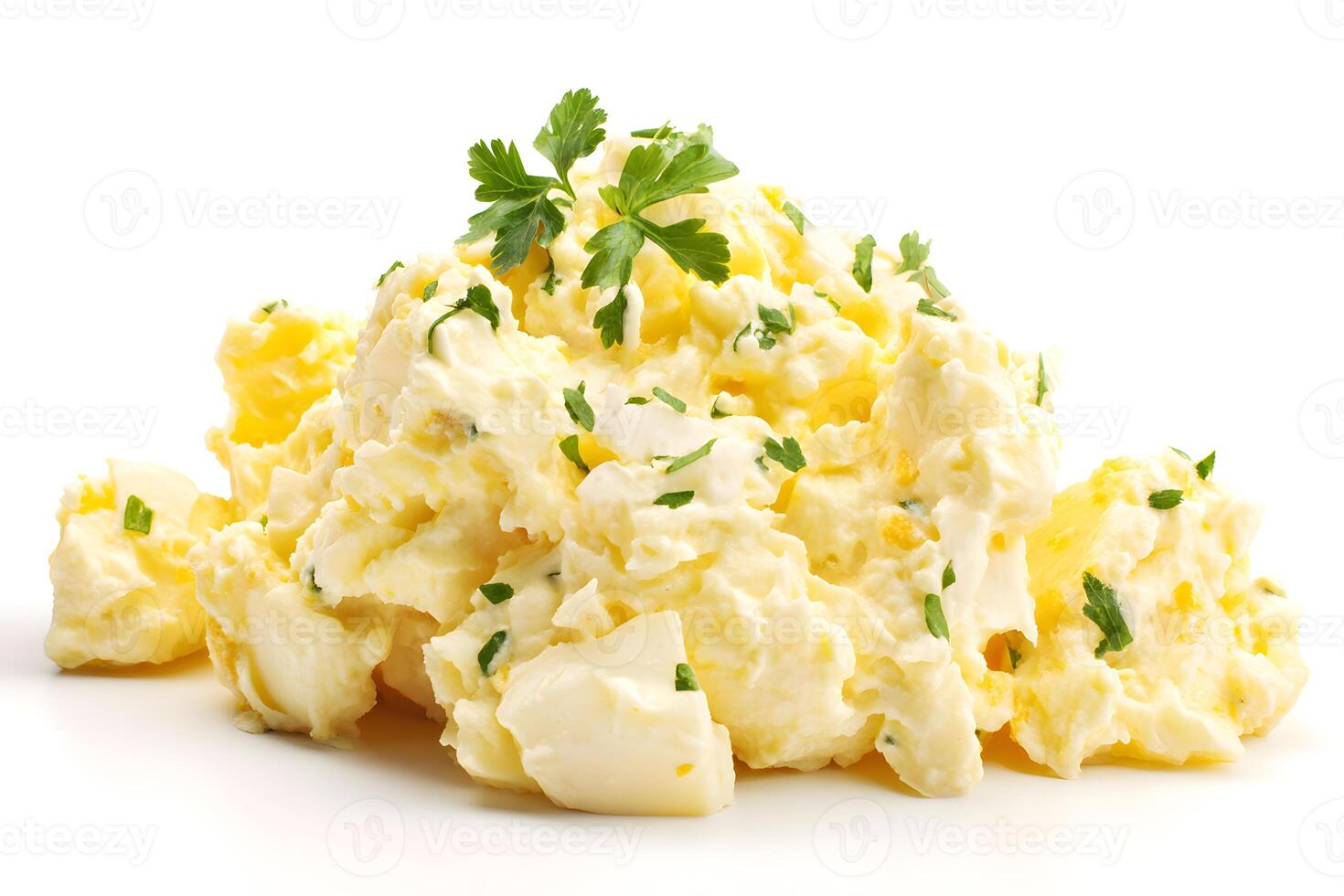 Fresh and creamy potato salad with herbs isolated on a white background for presentation. photo