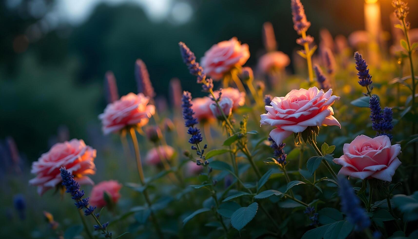 pink roses are growing in the sun at sunset photo
