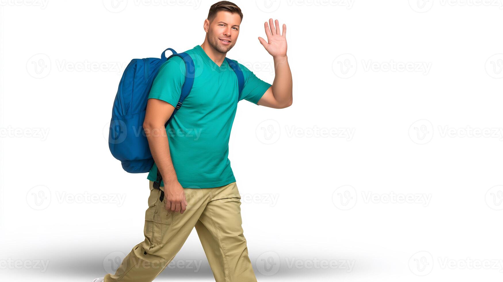 A man with a backpack waving photo