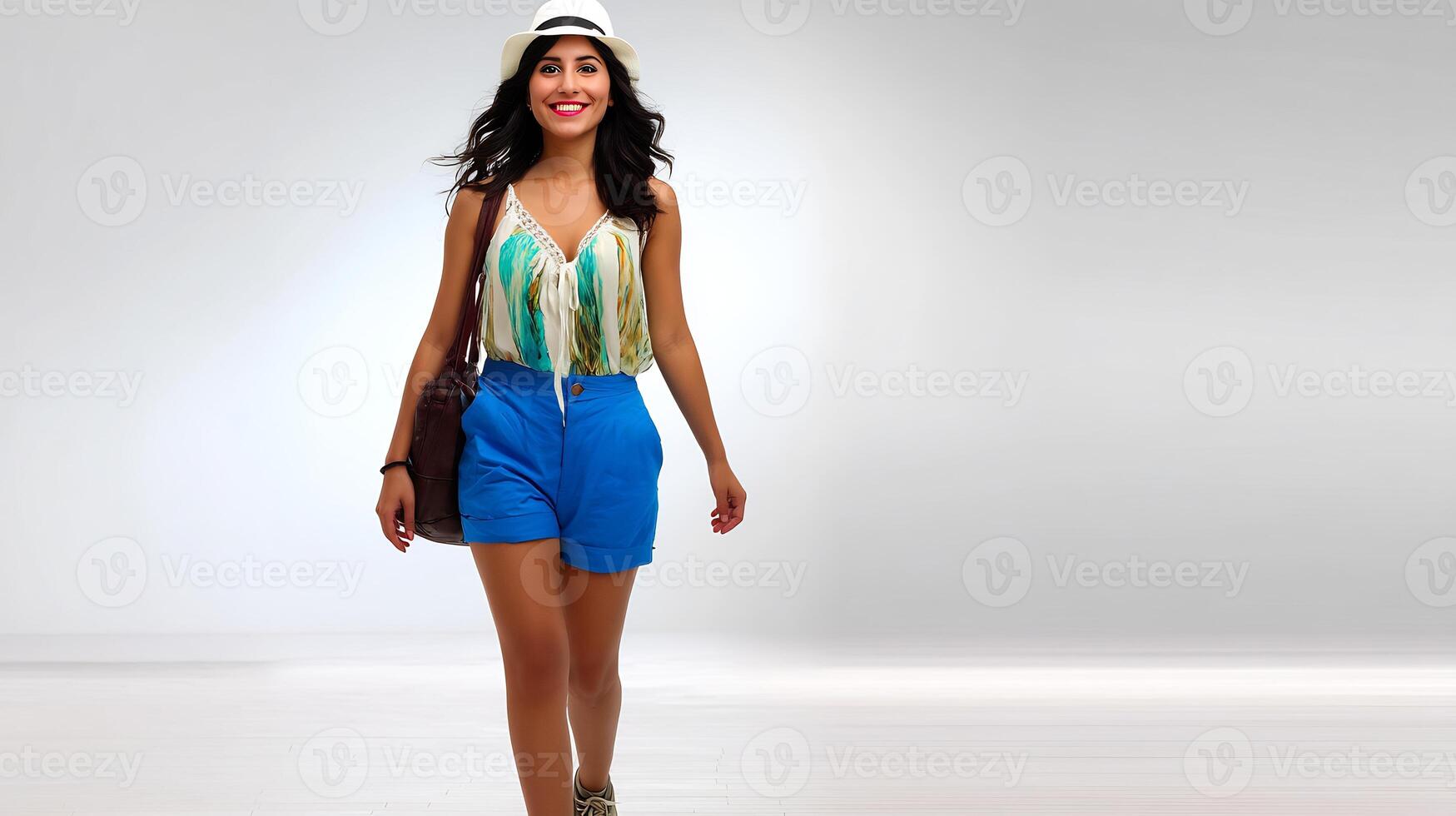 A woman in blue shorts and a hat walking photo