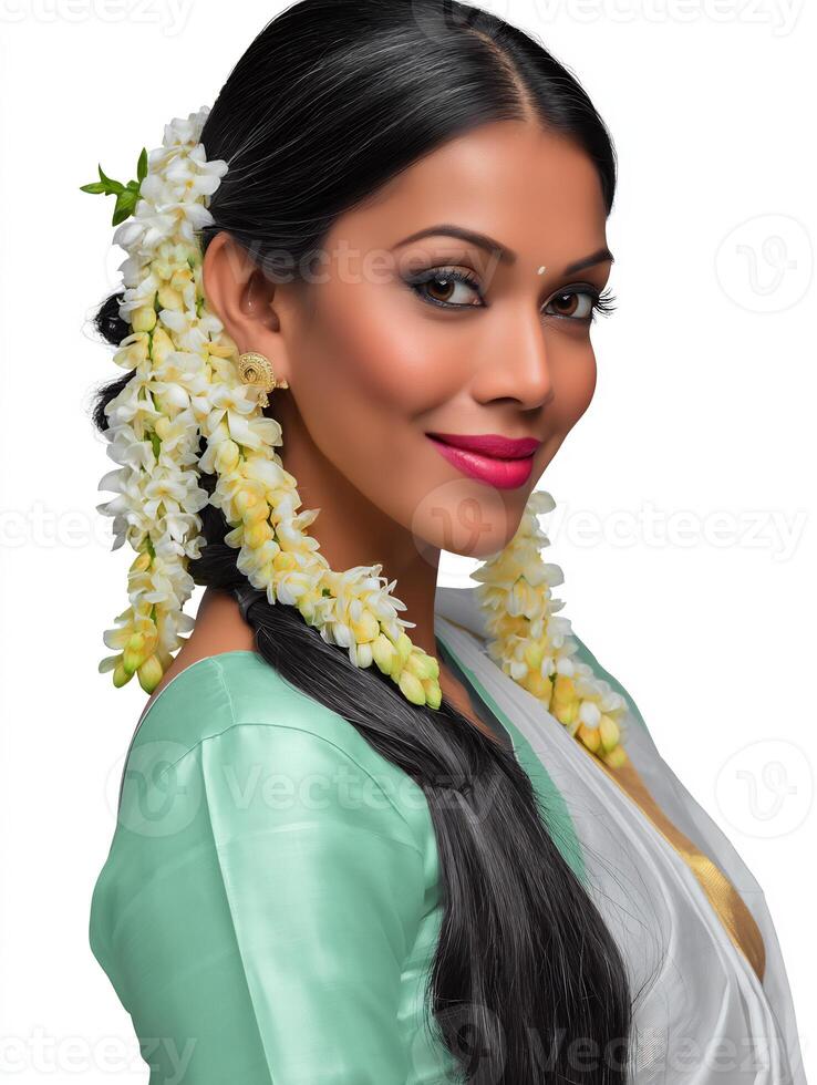 A beautiful indian woman wearing a sari and flower garlands photo