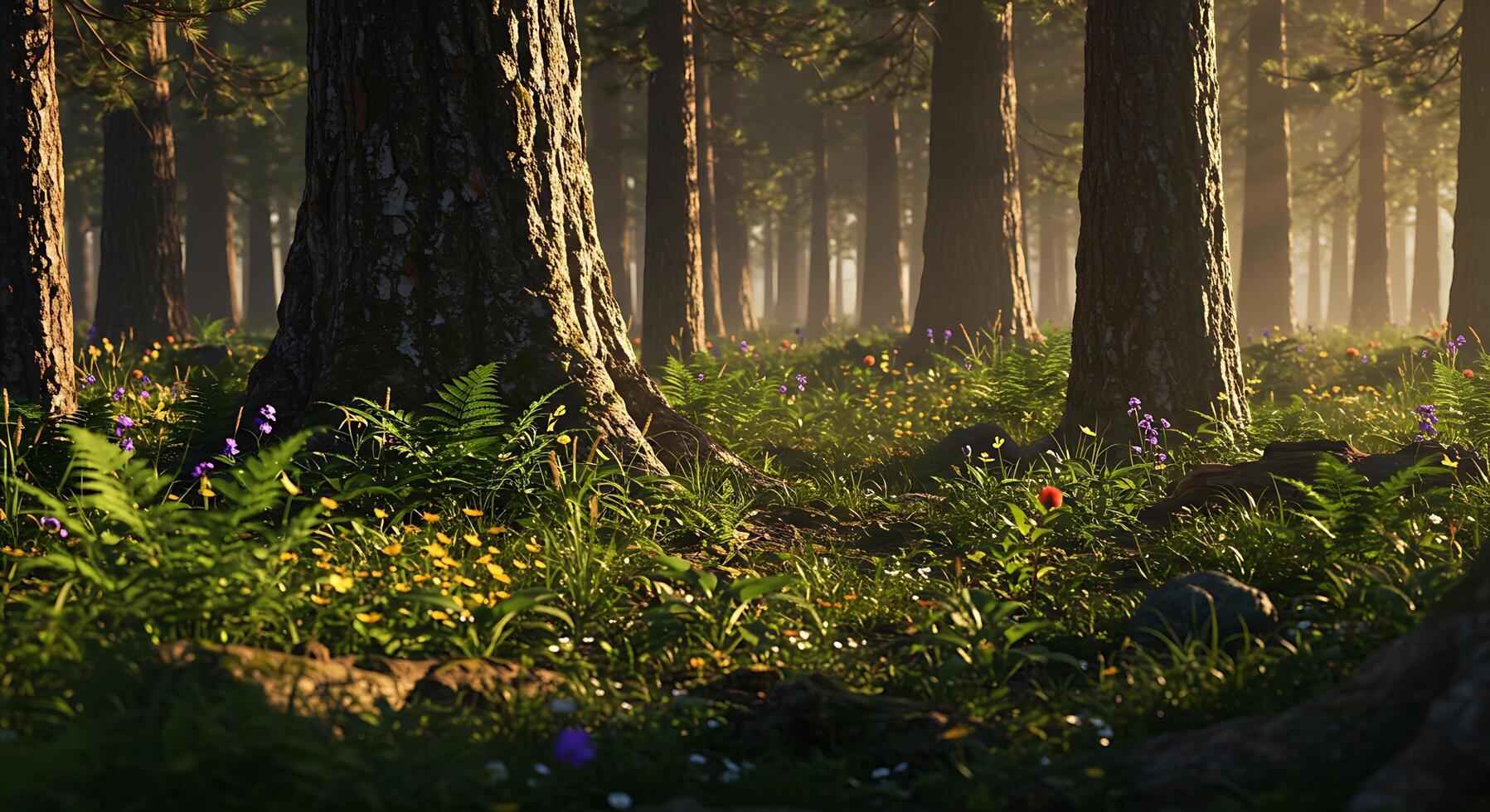 Hyper-Realistic Image of Quiet Forest in Morning Sun photo