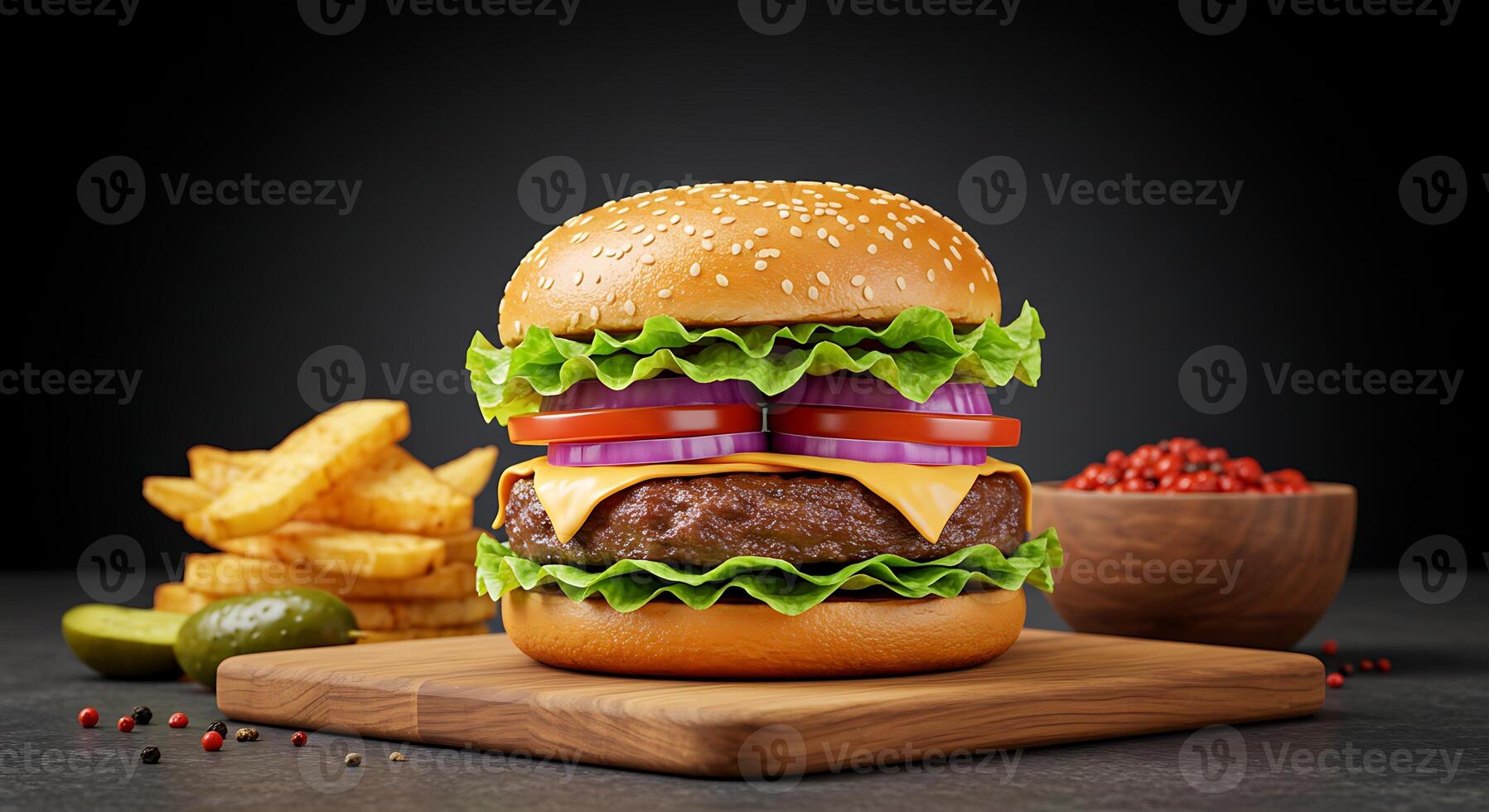 Beef Burger With BBQ Sauce And Crunchy Pickles photo