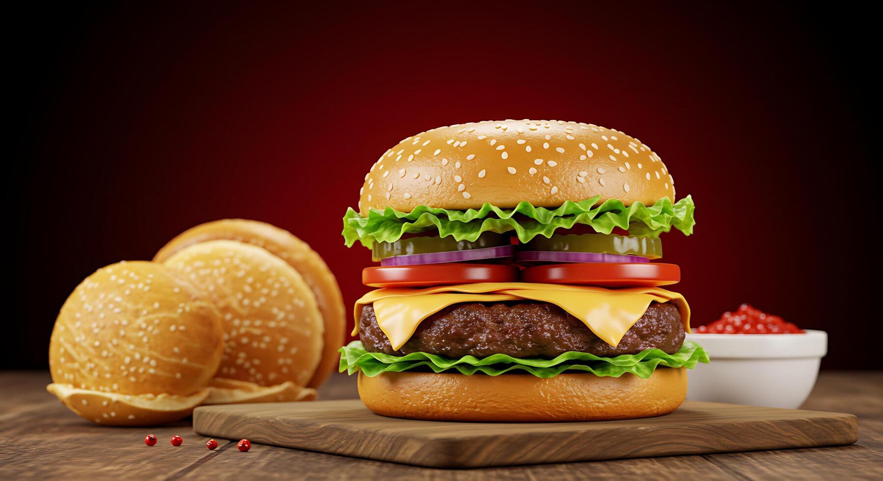 Juicy Beef Burger With Fresh Lettuce, Tomato, And Sauce photo