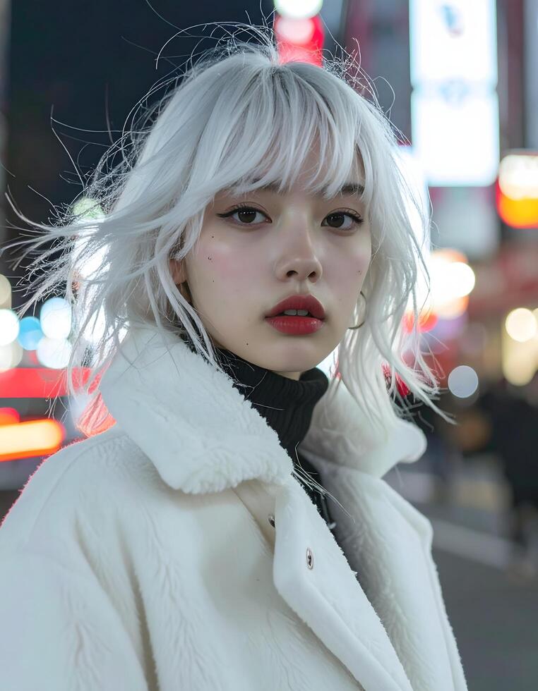 A woman with white hair and red lips in a city photo