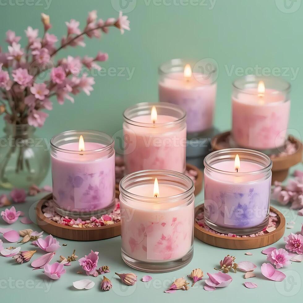Burning Scented Candles with Floral Accents for Relaxation and Home Decor photo