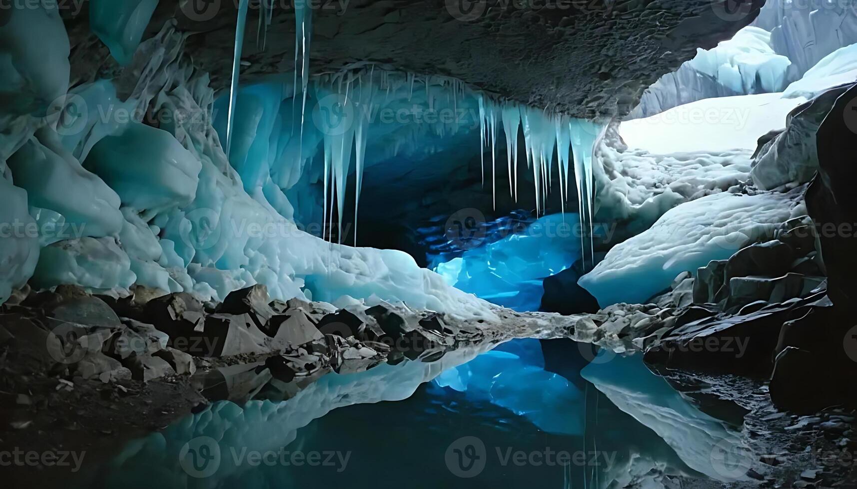 Exploring a Stunning Ice Cave with Reflection in Glacier Water photo