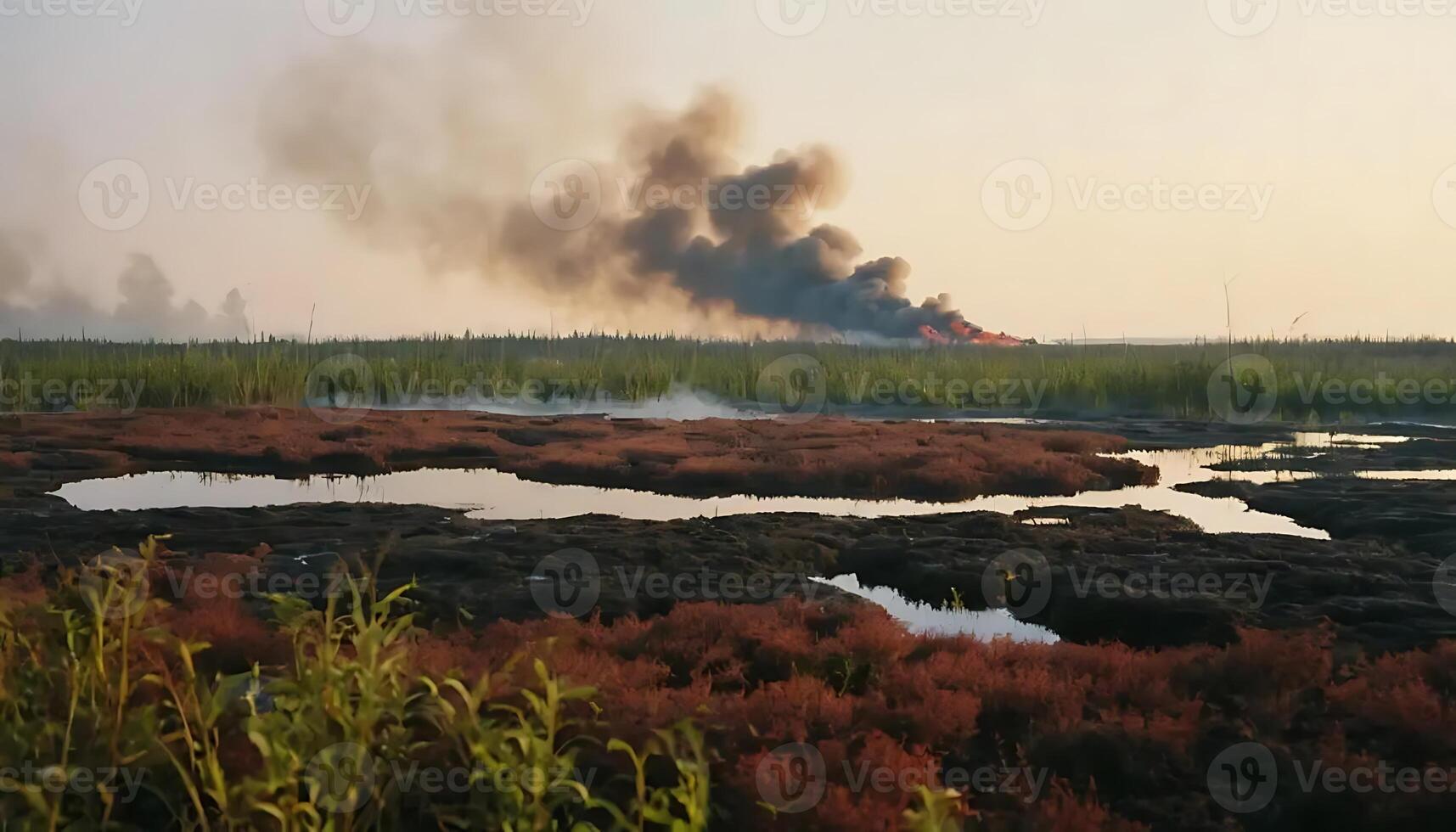 Peatland Fire Burning with Smoke and Water Puddles in Wetland photo