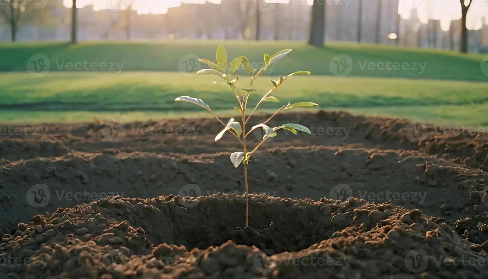Planting a Young Tree Sapling in Fresh Soil with Green Background photo