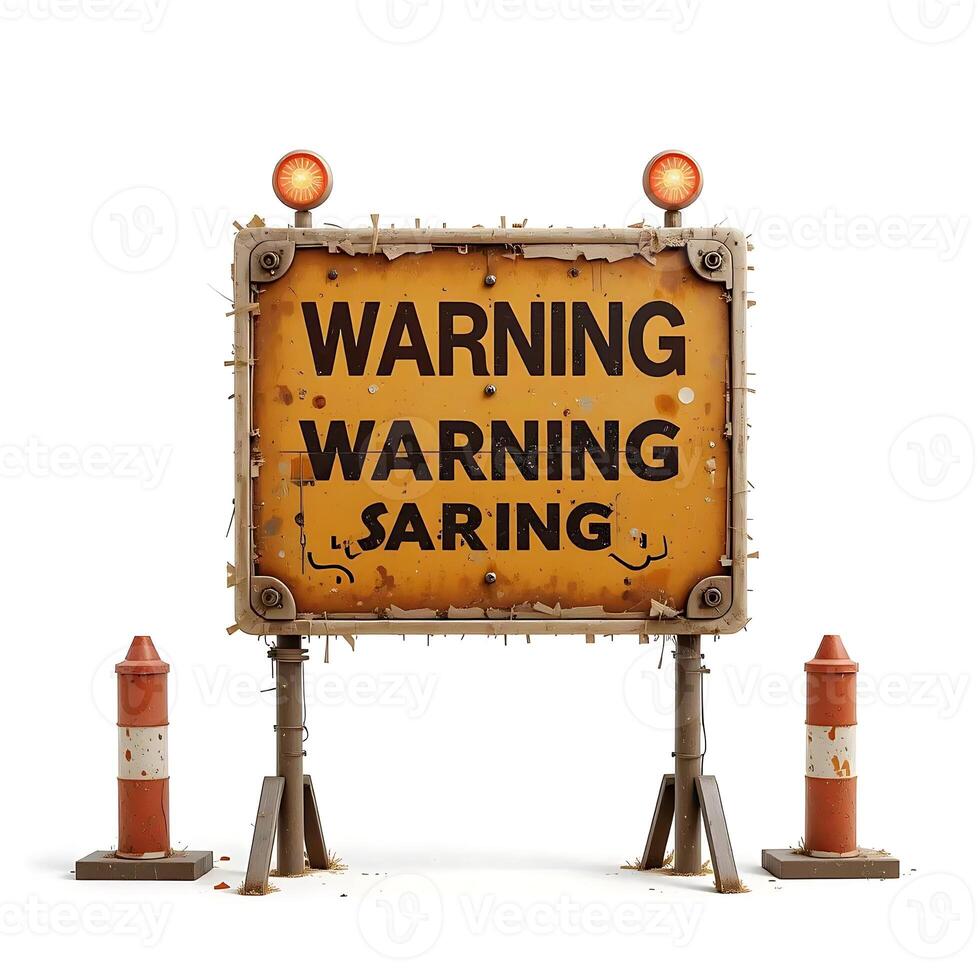 Grungy Warning Sign with Lights and Traffic Cones for Construction photo