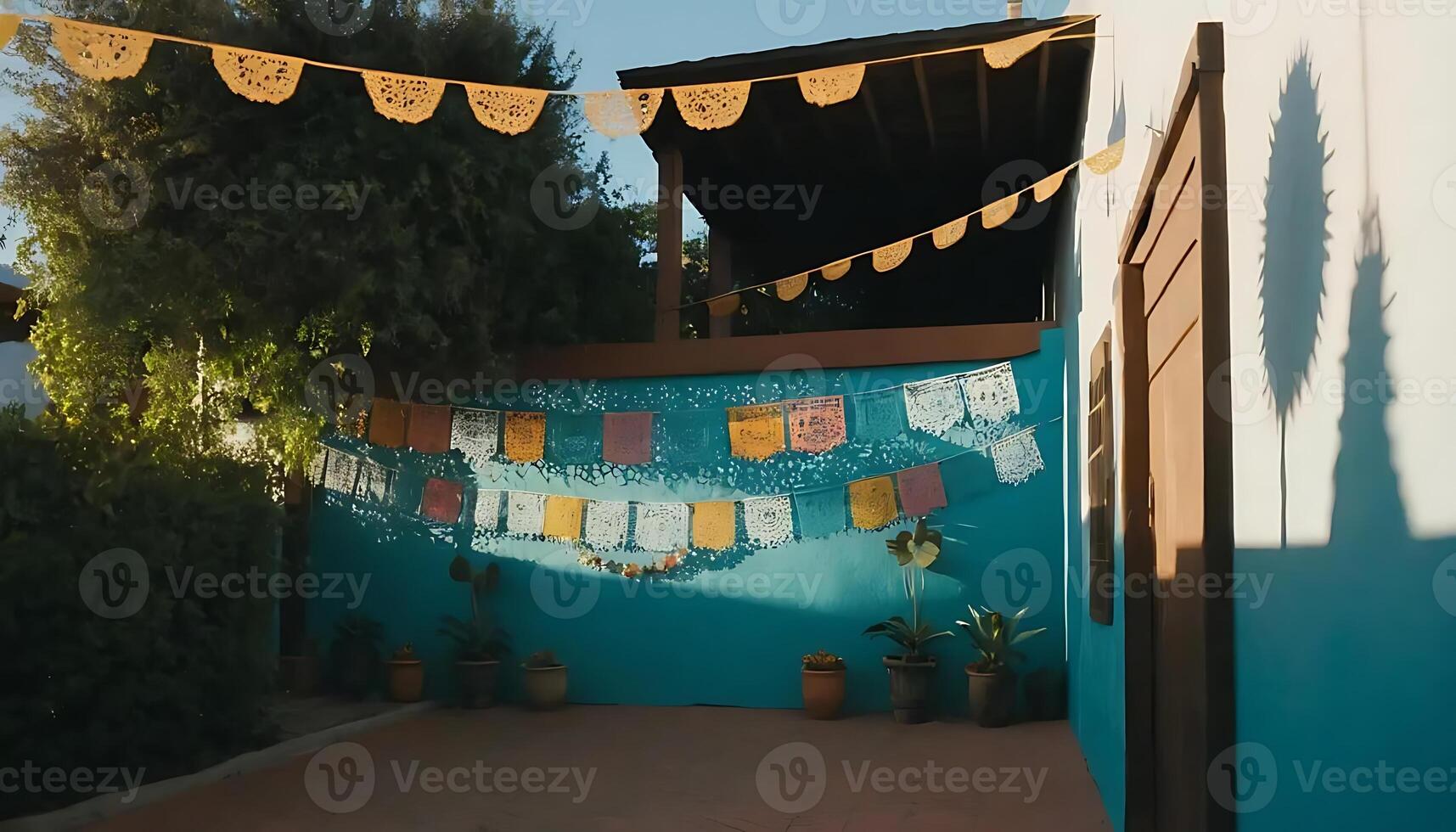 Decorated Courtyard with Colorful Papel Picado for Festive Celebration photo