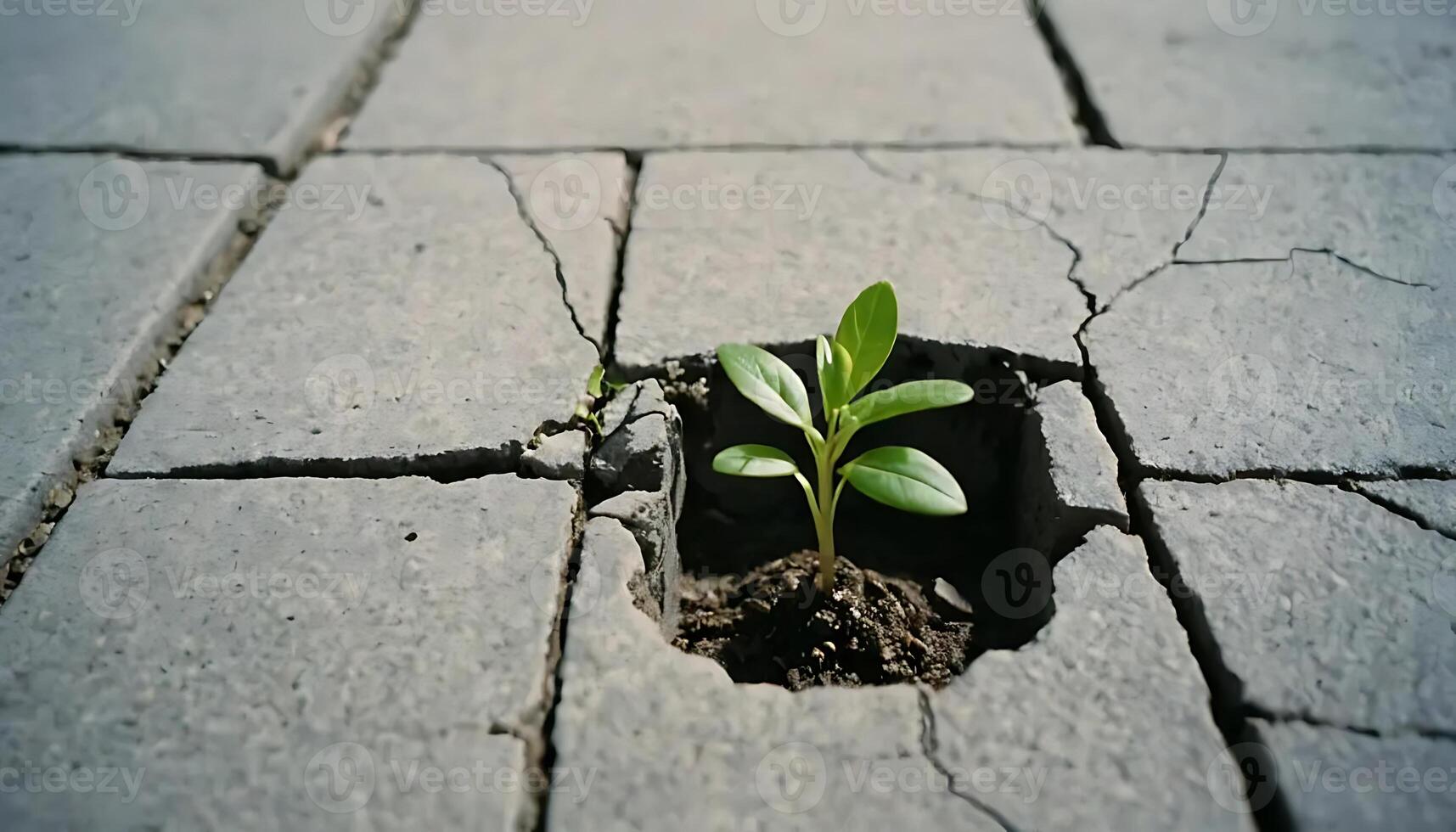 Small Plant Growing Through Crack in Concrete Pavement Signifying Hope photo