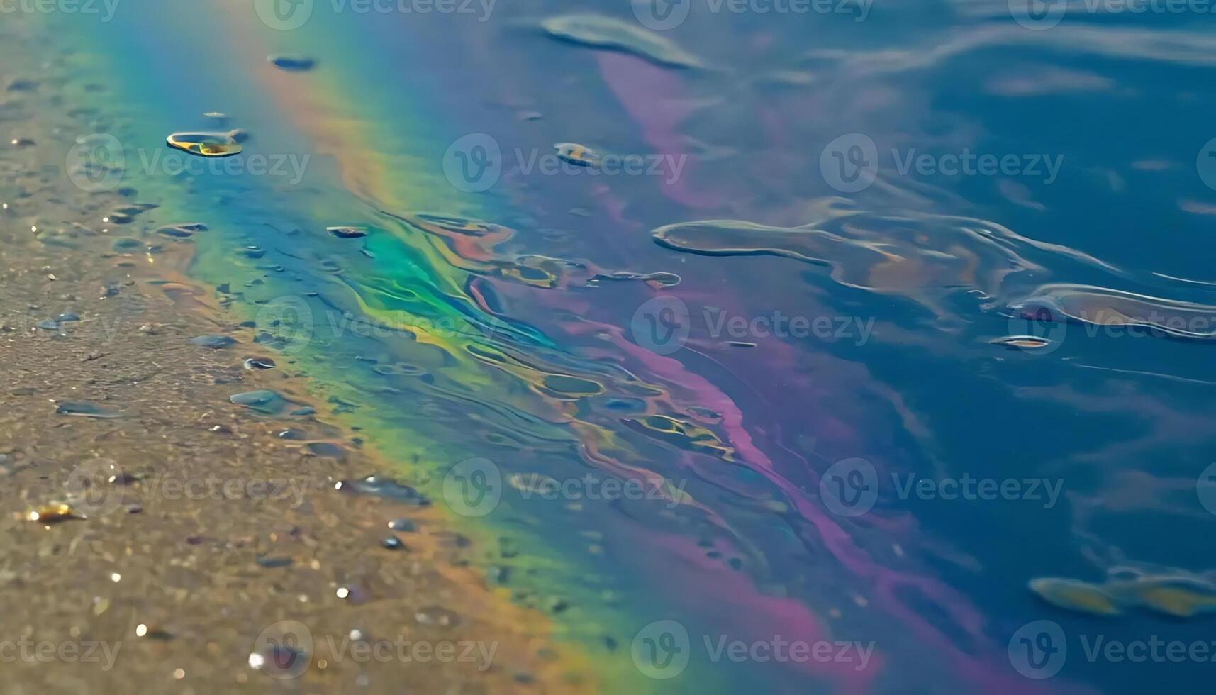 Iridescent Spill on Wet Concrete Surface Creates Rainbow Effect photo