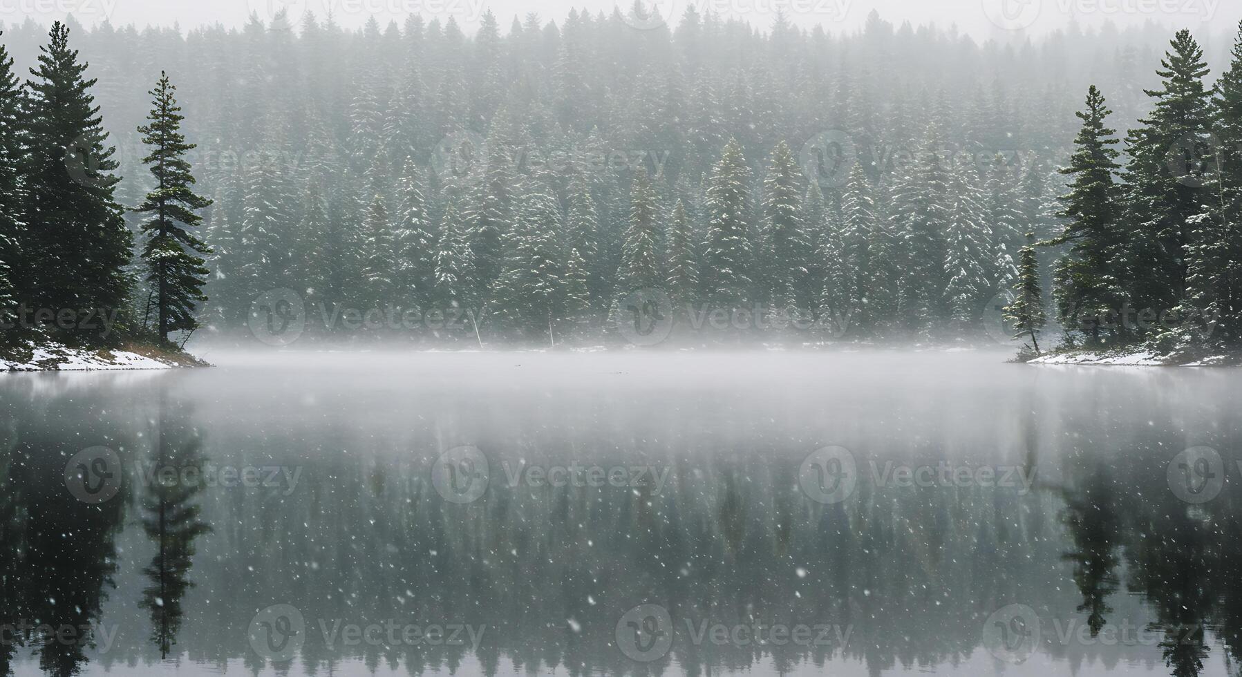 Snow Falling on Forest Lake Reflecting Trees in Tranquil Winter Scene photo