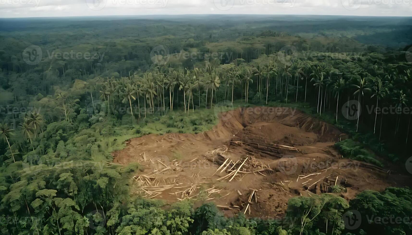 Deforestation in Tropical Rainforest with Cleared Area and Fallen Trees photo