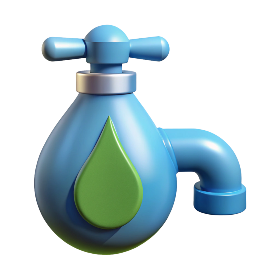 3D Water Tap Icon with Leaf and Water Drops png