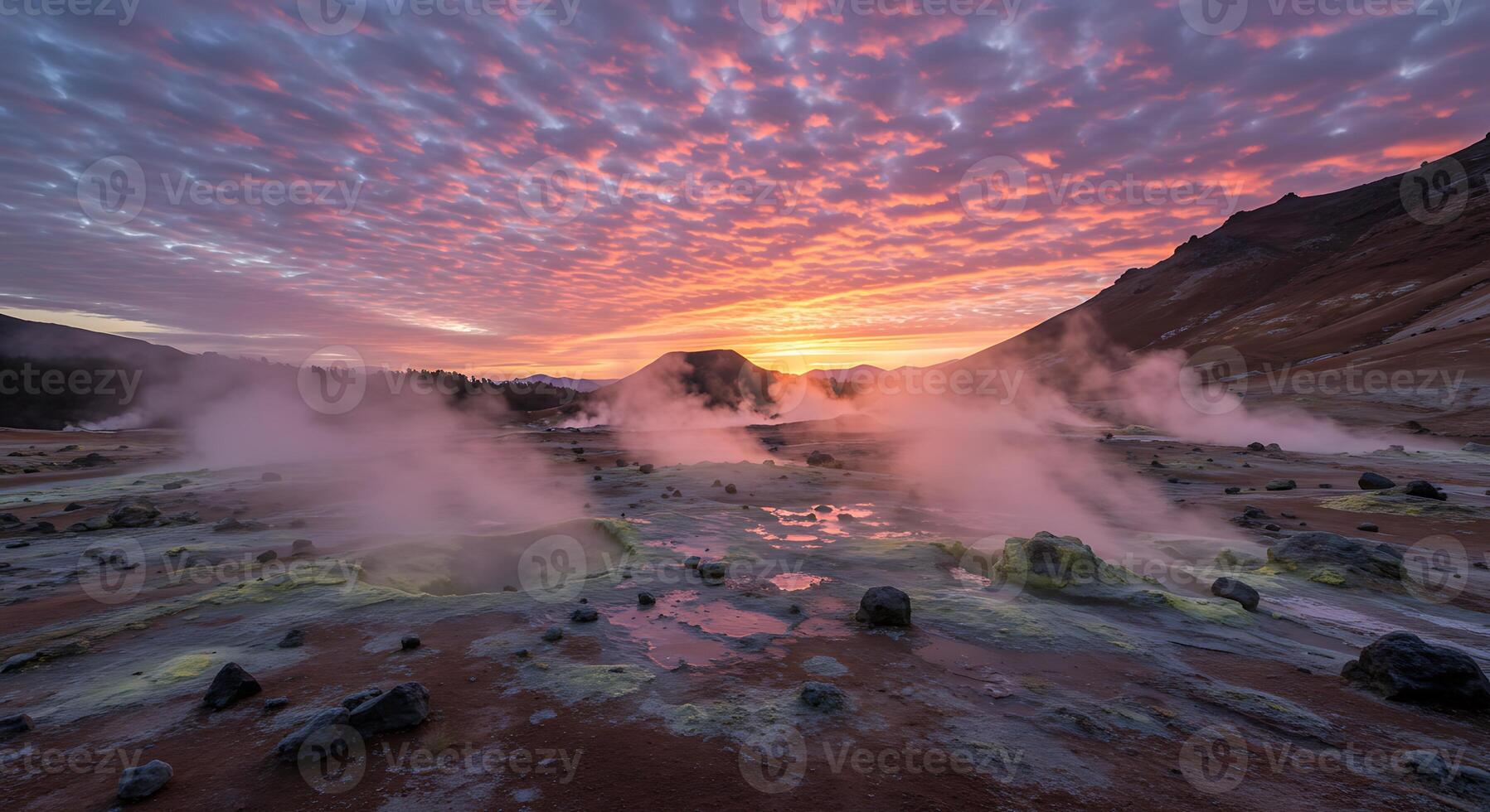 Geothermal Landscape with Colorful Sunrise Sky and Rising Steam photo