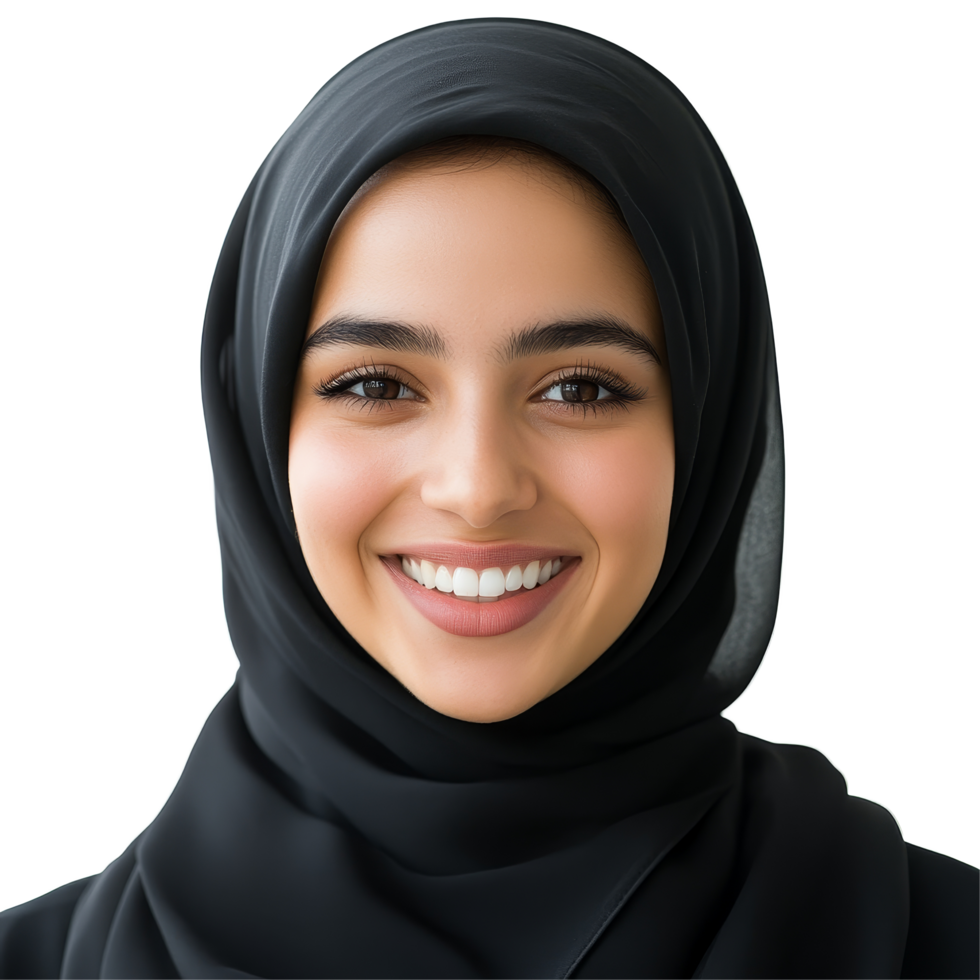 Happy Islamic female student smiling warmly, isolated with a neutral background, showcasing a joyful moment, Islamic female student smiling happily isolated on transparent background png