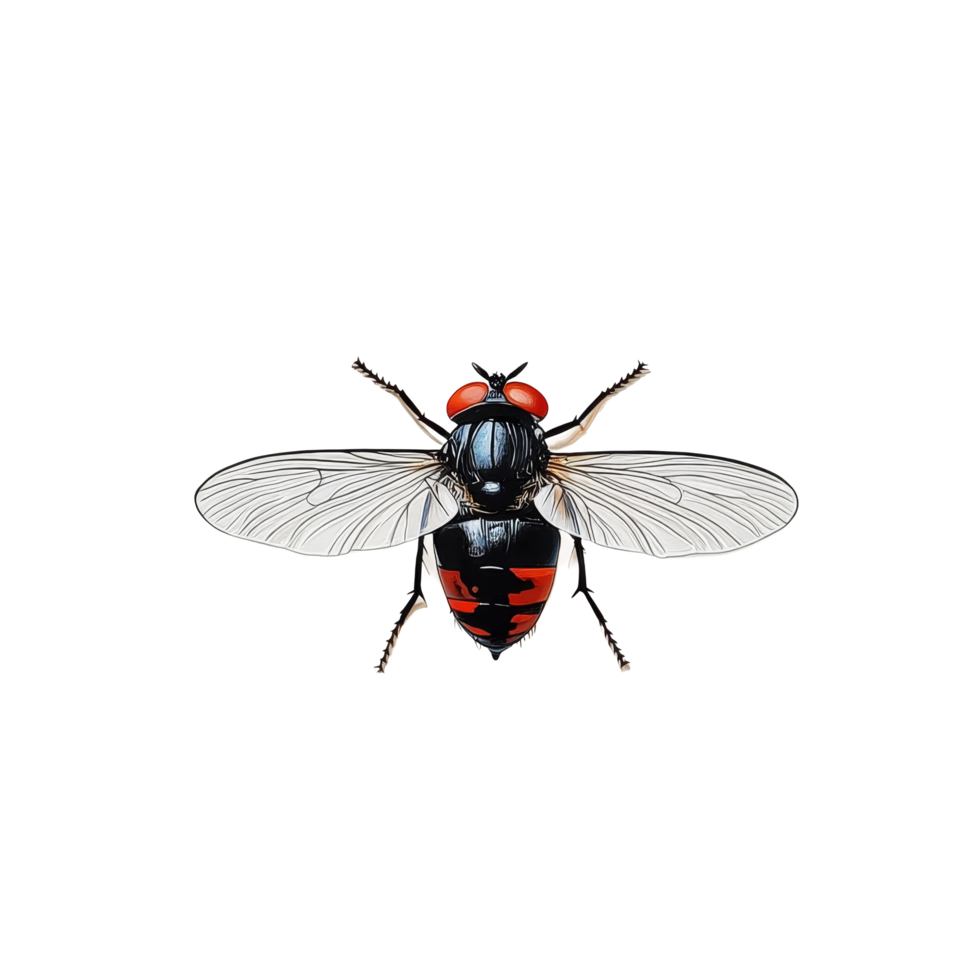 A closeup view of a fly with distinctive red and black markings on a transparent background, Fly on transparent background png