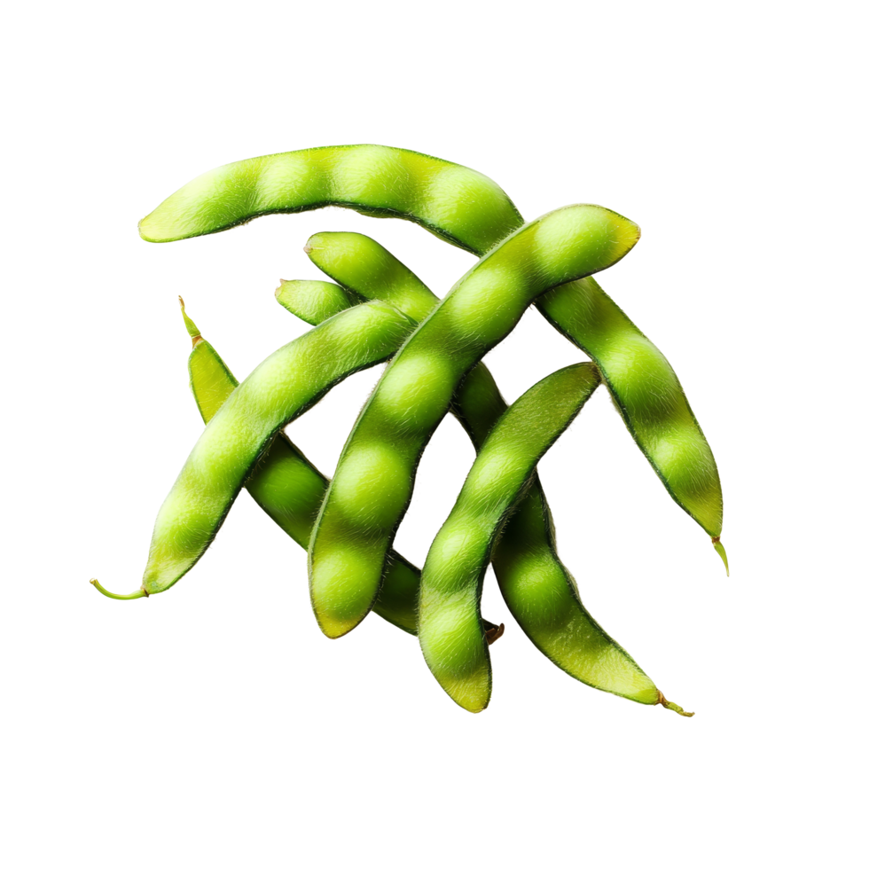 Fresh edamame pods arranged on a solid transparent background showcasing vibrant green color and natural texture, Edamame Isolated transparent background solid transparent background png