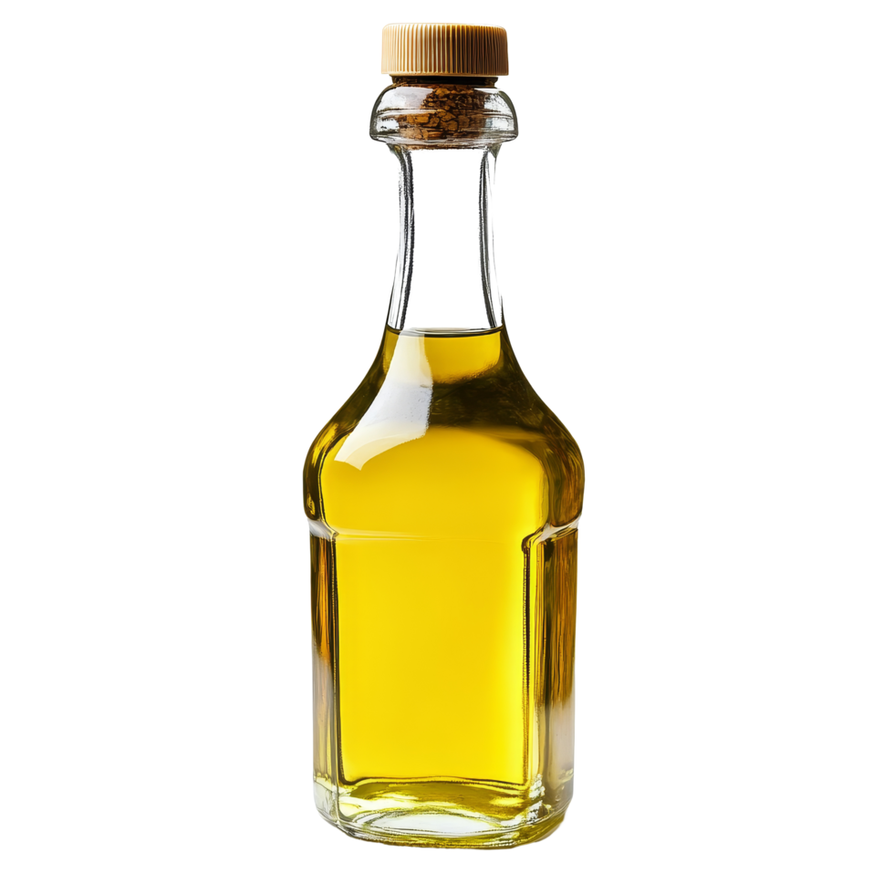Olive oil in a glass bottle against a transparent background emphasizing its color and texture, Olive oil in a glass bottle isolated png