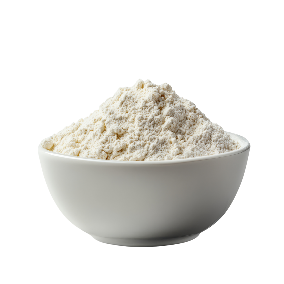 transparent bowl filled with a pile of flour isolated against a clean alpha layer background for culinary use, Pile of flour in transparent bowl isolated on alpha layer png
