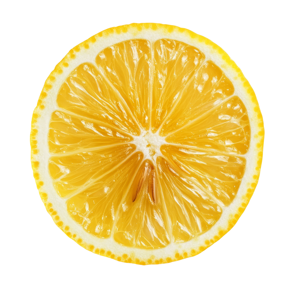 Freshly sliced lemon on a clean transparent background showcasing vibrant yellow citrus fruit details, slice of lemon citrus fruit on transparent background png