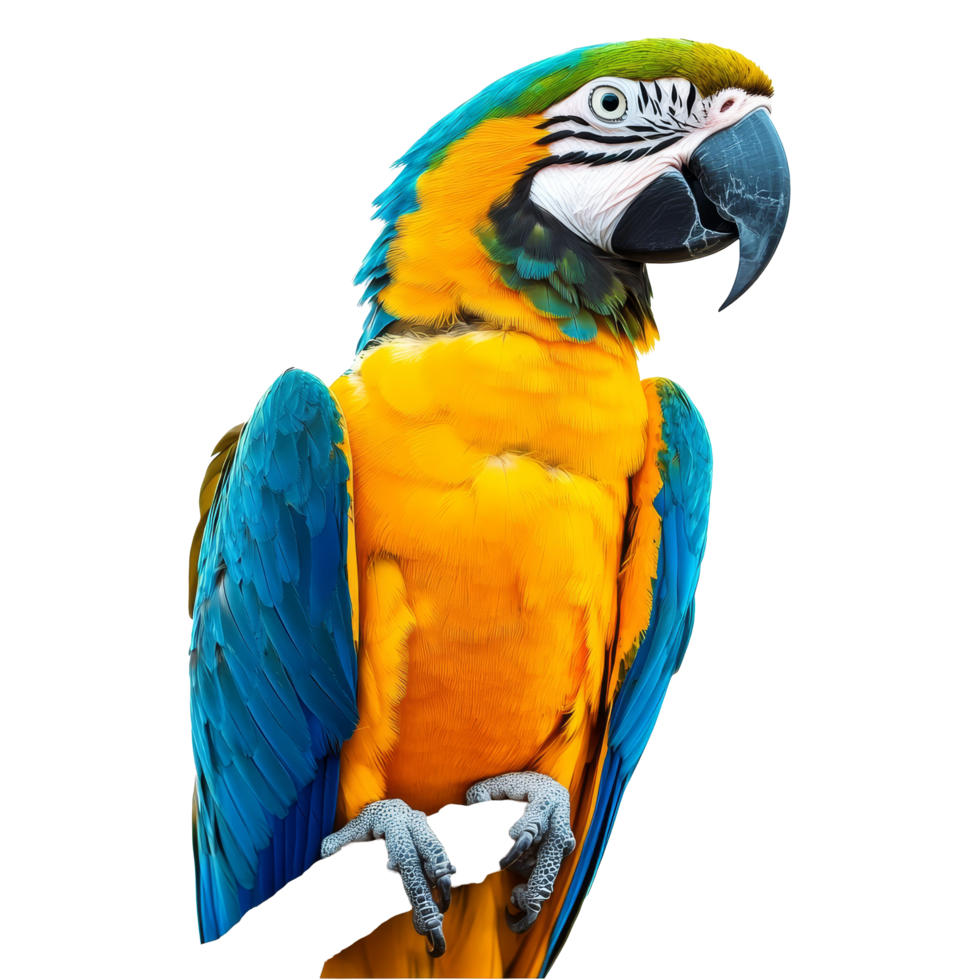 A vibrant blue and yellow parrot perched gracefully, showcasing its colorful feathers against a bright transparent background, Colorful Parrot Isolated on transparent background png