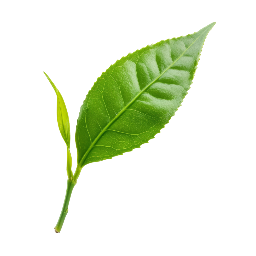 Fresh green tea leaf isolated on a pure transparent background showcasing its vibrant color and natural texture, green tea leaf isolated on transparent background png