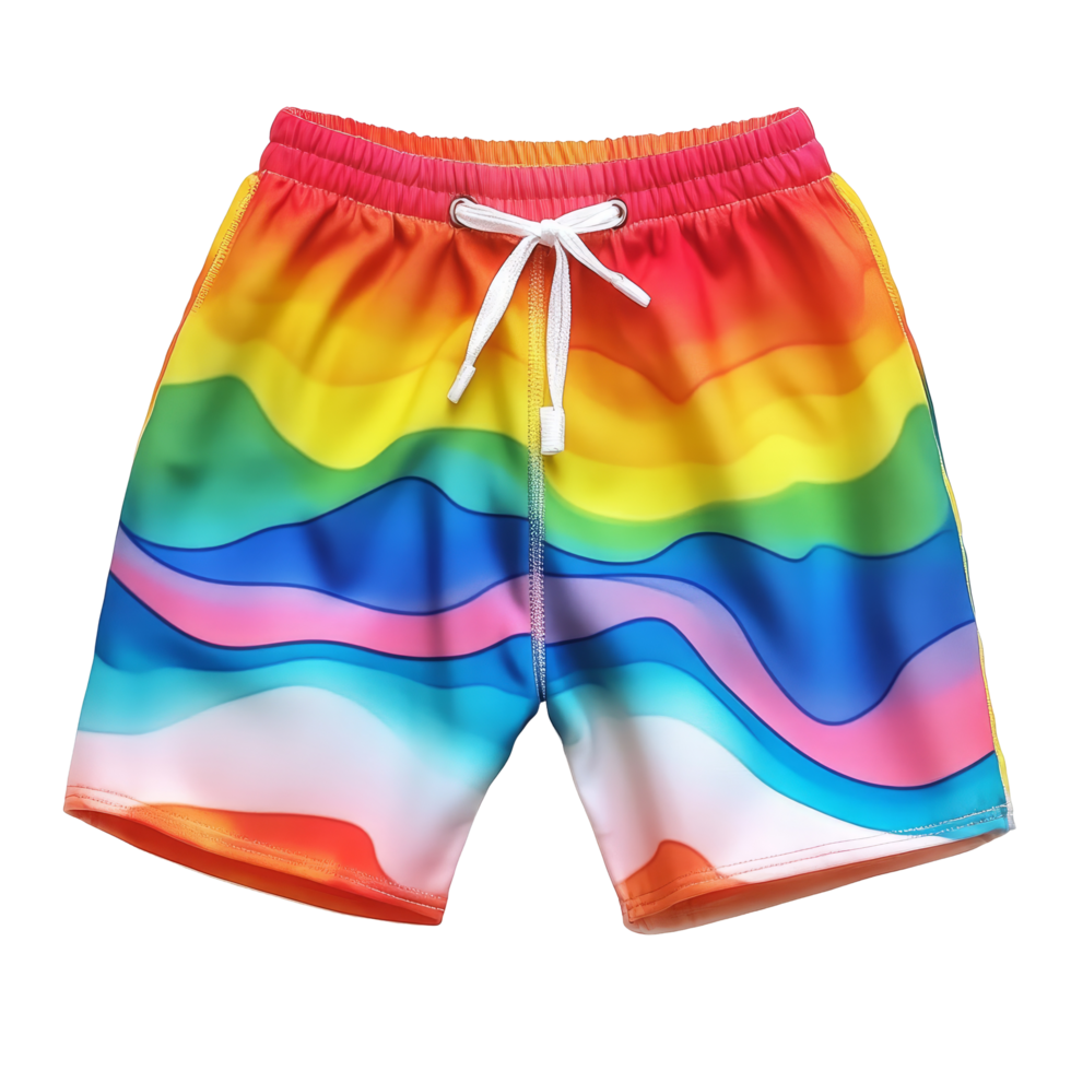 Colorful summer swim shorts featuring vibrant waves and a playful design perfect for beach days or pool parties in warm weather, Colorful Swim Summer Shorts on transparent background png