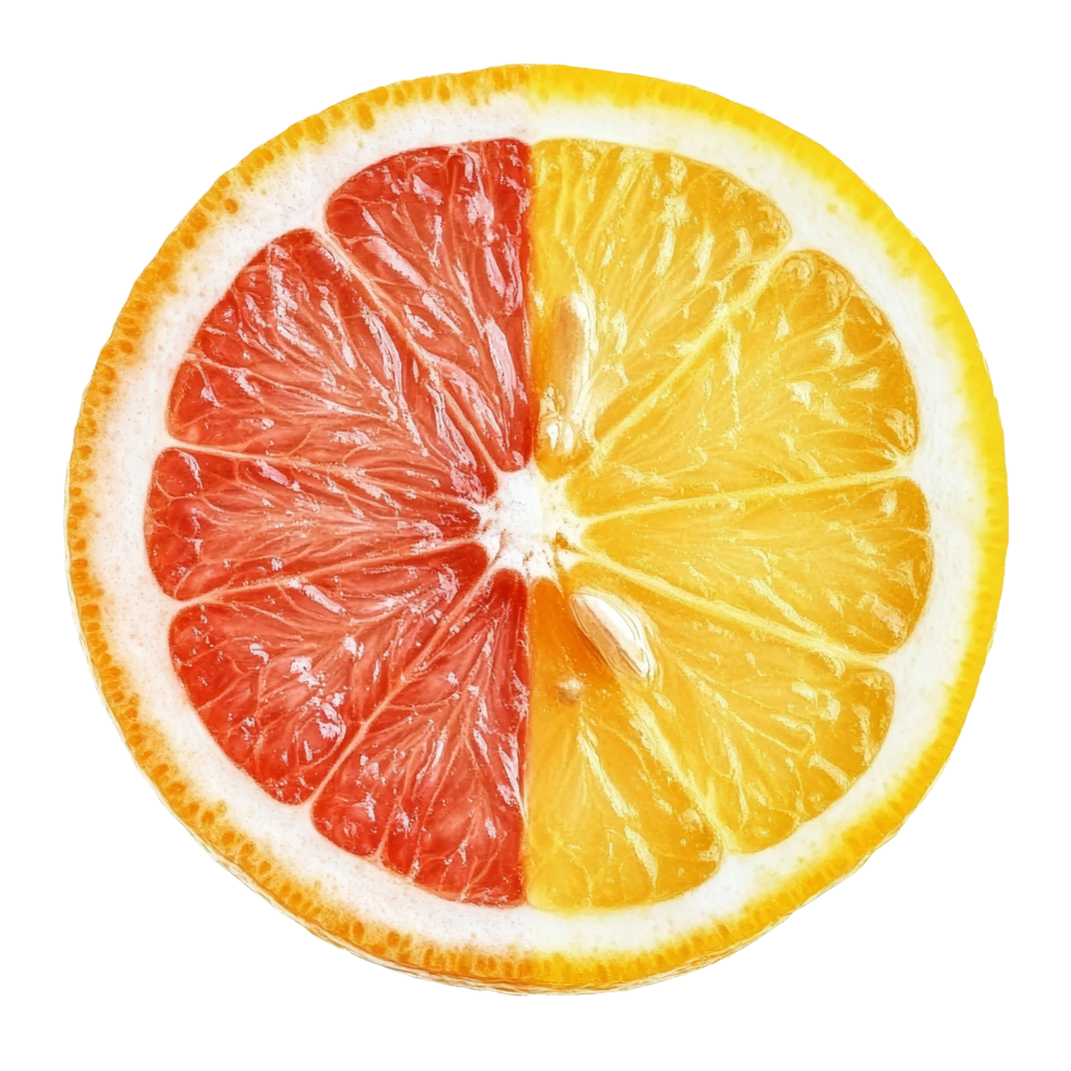 Bright orange grapefruit and lemon slice isolated on a clean transparent background, showcasing vibrant colors and textures, orange grapefruit lemon slice isolated on transparent background png