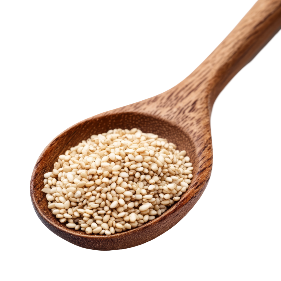 Sesame seeds in a wooden spoon on a clean transparent background highlighting their natural texture and color, Sesame in wood spoon isolated on transparent background png