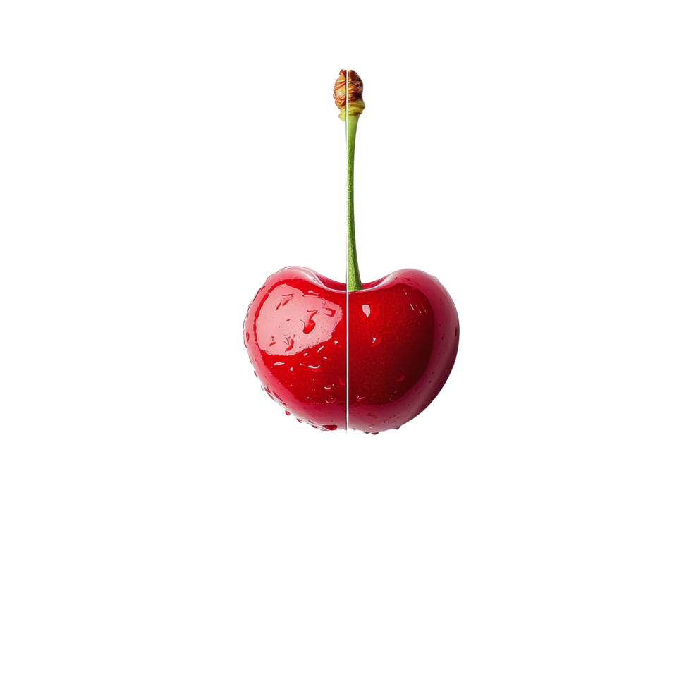 Half red cherry with water droplets against a transparent background captures freshness and vibrant color, half red cherry close up on transparent background png