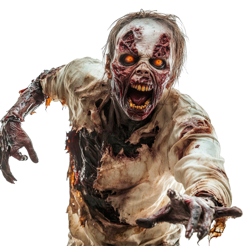 A terrifying zombie with glowing eyes reaching out against a stark transparent background, Scary zombie on transparent background png