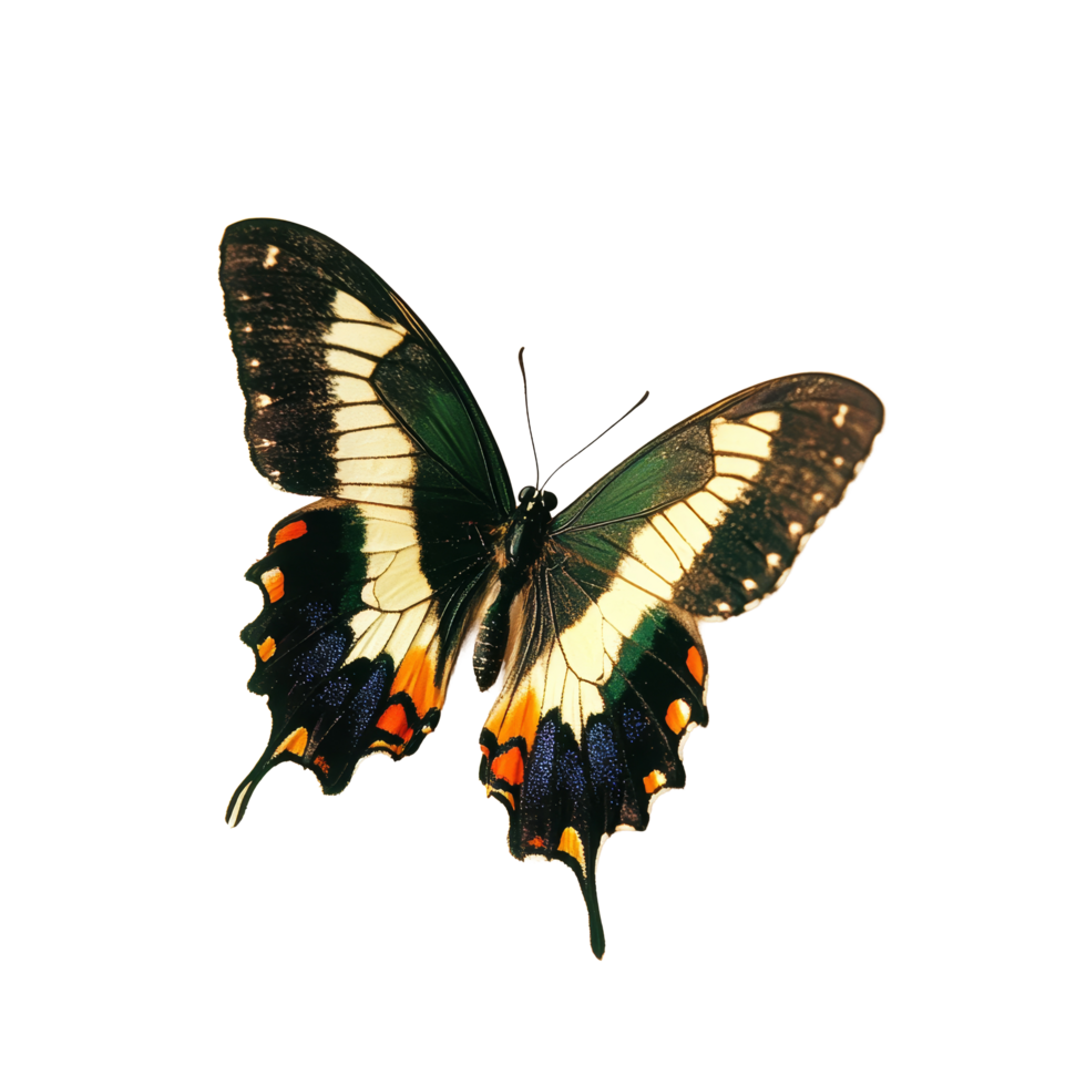 A colorful butterfly on a transparent surface in natural light, highlighting its beautiful patterns, 3D Butterfly on transparent background png