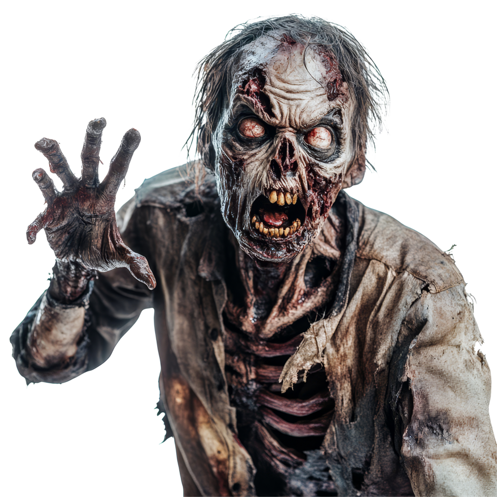 A terrifying zombie reaching out in a haunting gesture against a stark transparent background, Scary Zombie isolated on transparent background png