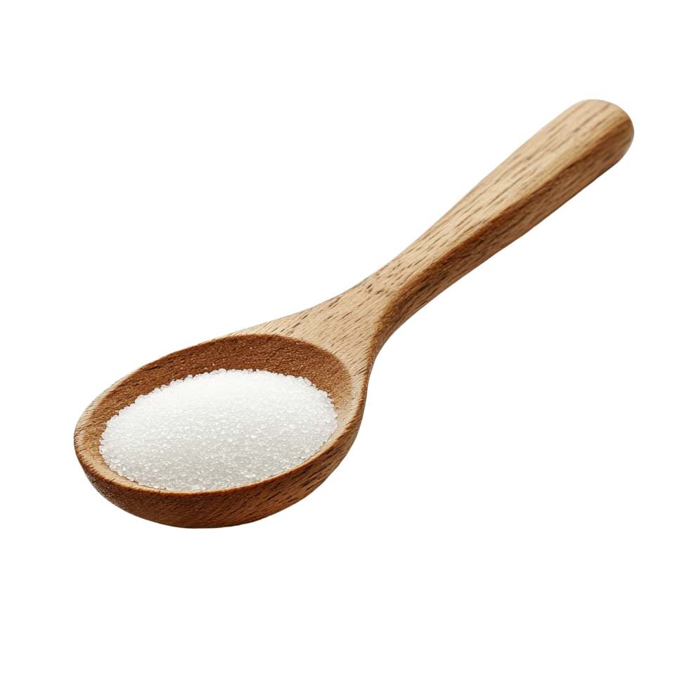 Sugar in a wooden spoon resting on a transparent background, highlighting its texture and simplicity for culinary use, Sugar in a wooden spoon on transparent background png