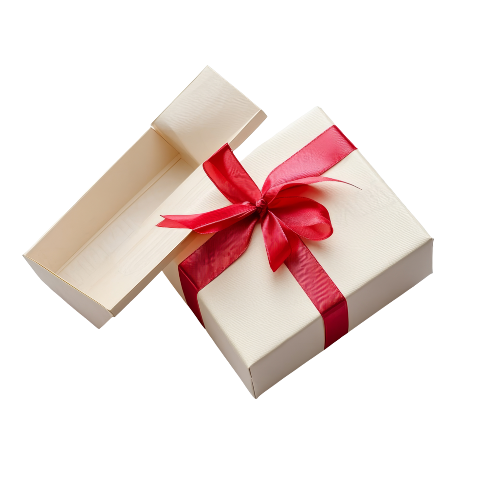 An opened gift box with a red ribbon sits on a light background, inviting curiosity and excitement, Opened gift box with red ribbon png